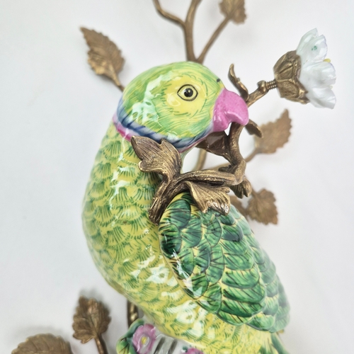137 - PARROT WALL SCONCES, A PAIR. ceramic and gilt metal, floral detail, 65cm H approx. (2).