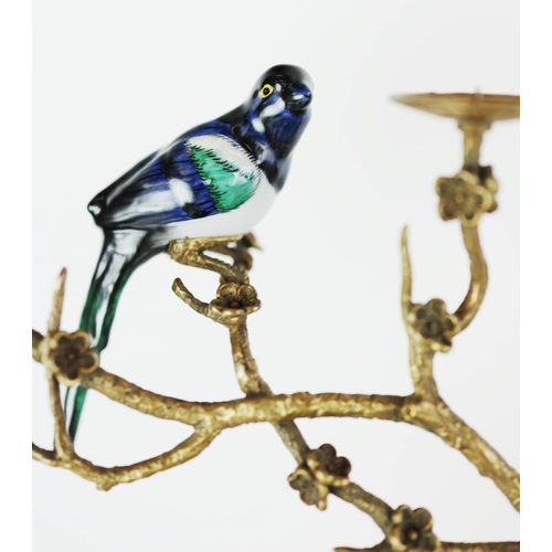 138 - CANDELABRA, A PAIR. in the form of birds amongst trees, shell form bases, ceramic and gilt metal, 65... 