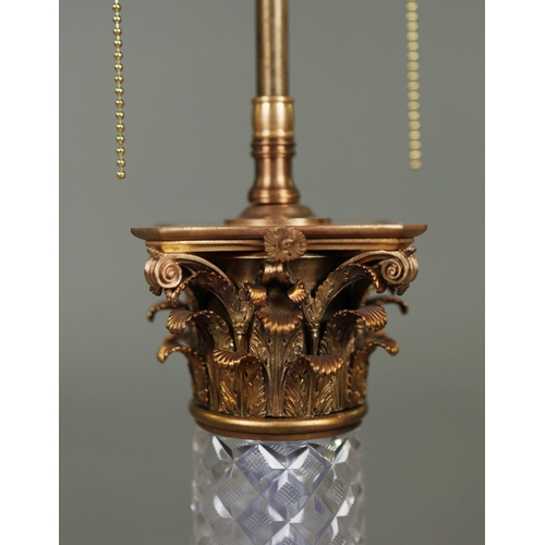 139 - COLUMN FORM TABLE LAMPS, A PAIR. cut glass and gilt metal, 108cm H approx.