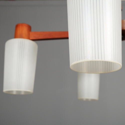 140 - 1960s DANISH TEAK AND GLASS FIVE ARM CHANDELIER. 55cm H x 75cm W.