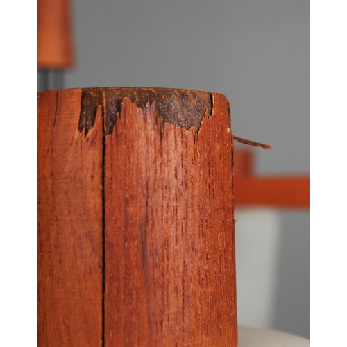 140 - 1960s DANISH TEAK AND GLASS FIVE ARM CHANDELIER. 55cm H x 75cm W.