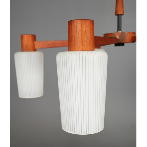 140 - 1960s DANISH TEAK AND GLASS FIVE ARM CHANDELIER. 55cm H x 75cm W.