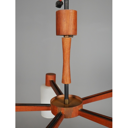 140 - 1960s DANISH TEAK AND GLASS FIVE ARM CHANDELIER. 55cm H x 75cm W.