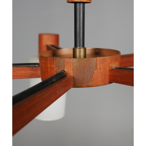 140 - 1960s DANISH TEAK AND GLASS FIVE ARM CHANDELIER. 55cm H x 75cm W.