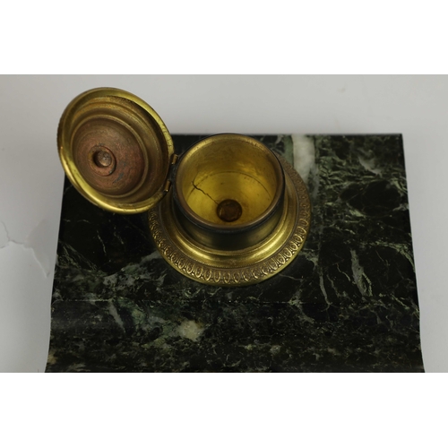 141 - A PAIR OF FRENCH GREEN VARIEGATED MARBLE EMPIRE LAMPS. (3). ormolu mounted with shades. Along with a... 