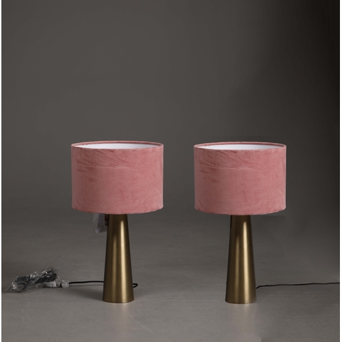150 - PAIR OF GILT METAL COLUMN TABLE LAMPS WITH PINK SHADES. 53cm H x 31cm W.