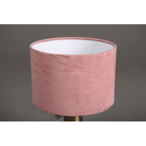 150 - PAIR OF GILT METAL COLUMN TABLE LAMPS WITH PINK SHADES. 53cm H x 31cm W.