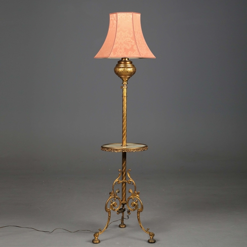 155 - STANDARD LAMP, BRASS. with an alabaster circular tray on a scrolled triform base overall 175 cm t in... 