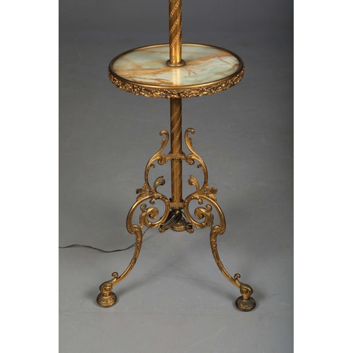 155 - STANDARD LAMP, BRASS. with an alabaster circular tray on a scrolled triform base overall 175 cm t in... 