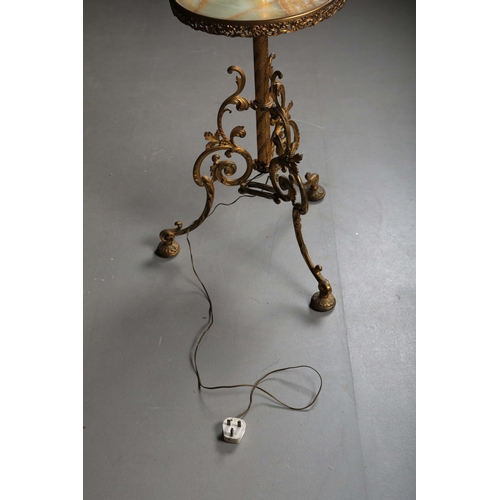 155 - STANDARD LAMP, BRASS. with an alabaster circular tray on a scrolled triform base overall 175 cm t in... 