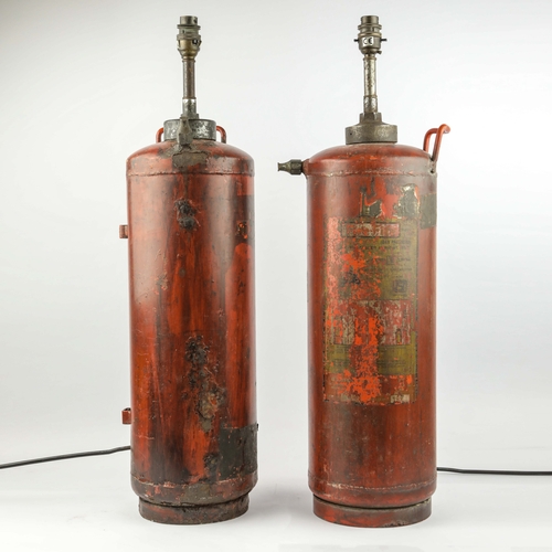 157 - PAIR OF VINTAGE FIRE EXTINGUISHER CONVERTED TABLE LAMPS. 68cm H approx.