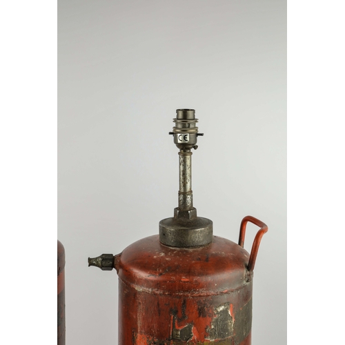 157 - PAIR OF VINTAGE FIRE EXTINGUISHER CONVERTED TABLE LAMPS. 68cm H approx.