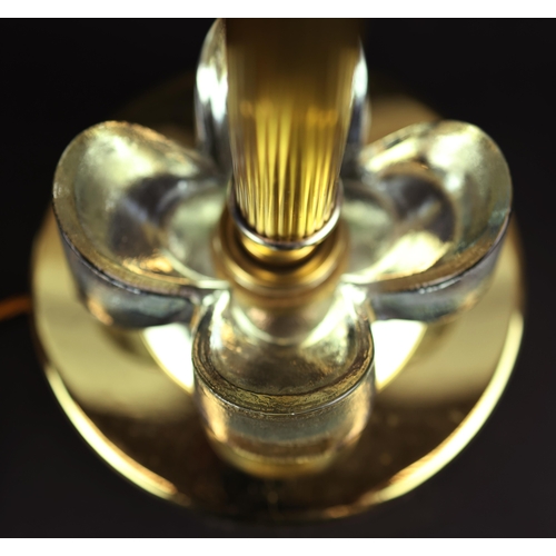 159 - SET OF THREE MID CENTURY CONTINENTAL GLASS AND GILT METAL TABLE LAMPS. Largest 34cm H x 20cm W.