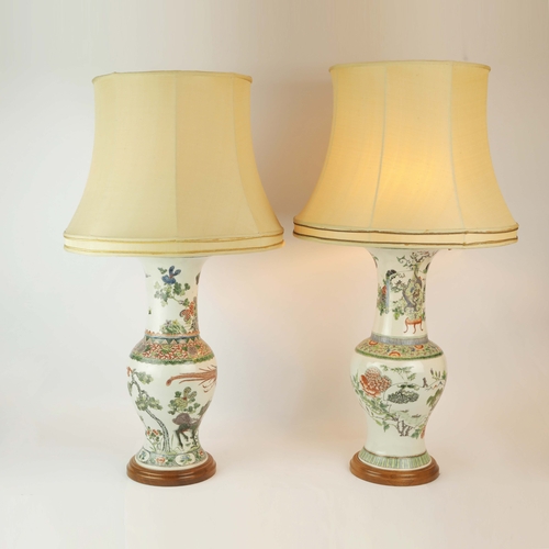 165 - TWO LARGE CHINESE FAMILLE VERTE YEN YEN VASE LAMPS. (2). Qing Dynasty (1644-1911), decorated in gree... 