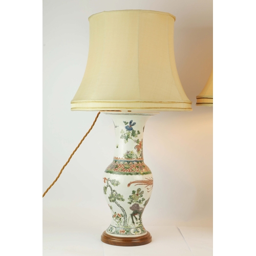 165 - TWO LARGE CHINESE FAMILLE VERTE YEN YEN VASE LAMPS. (2). Qing Dynasty (1644-1911), decorated in gree... 