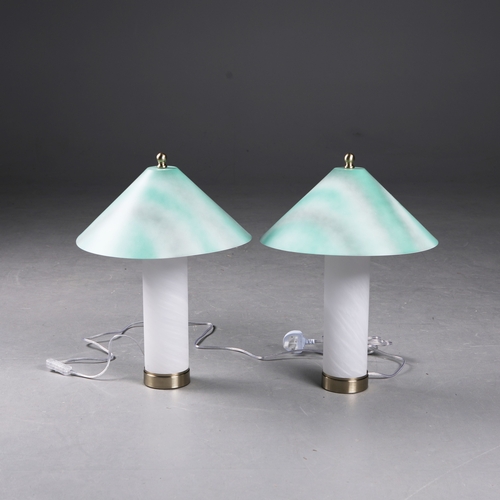 167 - MURANO STYLE GLASS TABLE LAMPS, A PAIR. with painted metal shades, 48cm H each approx. (2).