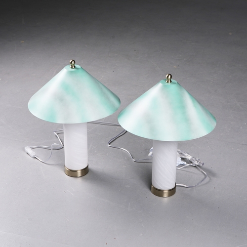 167 - MURANO STYLE GLASS TABLE LAMPS, A PAIR. with painted metal shades, 48cm H each approx. (2).