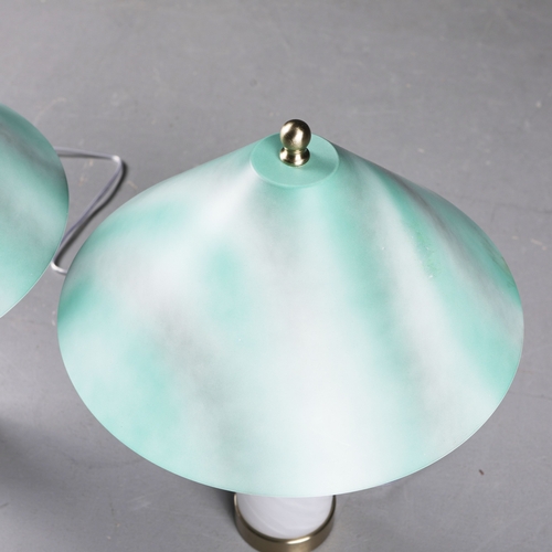167 - MURANO STYLE GLASS TABLE LAMPS, A PAIR. with painted metal shades, 48cm H each approx. (2).
