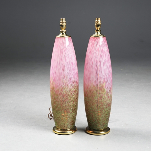 174 - MURANO STYLE PINK CONFETTI GLASS TABLE LAMPS, A PAIR. brass mounts, 60cm H approx. (2).