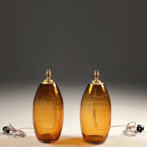 175 - MURANO STYLE AMBER FACETED GLASS TABLE LAMPS, A PAIR. 51cm H approx. (2).