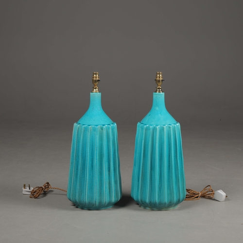 179 - TURQUOISE CRACKLE GLAZED CERAMIC TABLE LAMPS, A PAIR. 61cm H approx. (2).