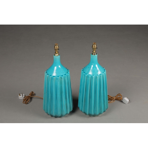179 - TURQUOISE CRACKLE GLAZED CERAMIC TABLE LAMPS, A PAIR. 61cm H approx. (2).