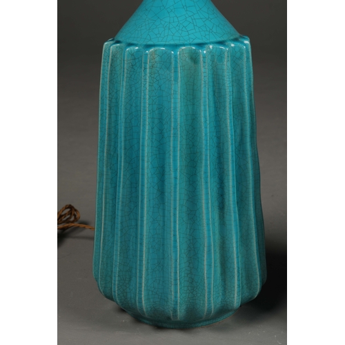 179 - TURQUOISE CRACKLE GLAZED CERAMIC TABLE LAMPS, A PAIR. 61cm H approx. (2).