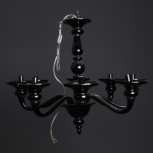 186 - BLACK GLASS CHANDELIER. 8 branch, 65cm drop approx. not including any chain or fittings.