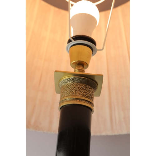 192 - SET OF THREE TABLE LAMPS WITH SHADES. One black column and two glass Each approx 60cm H.