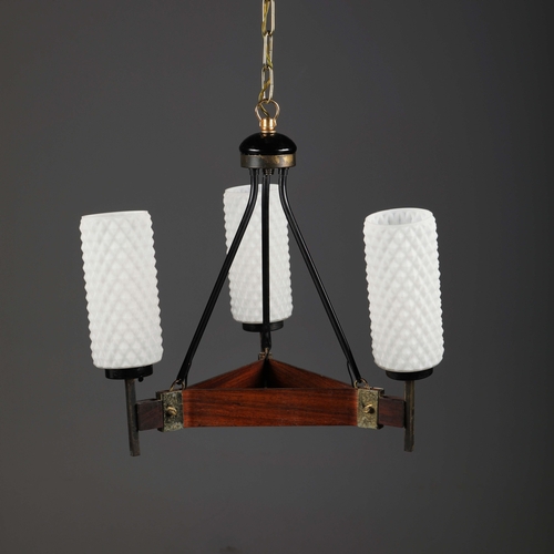 194 - 1960s ITALIAN WOOD AND BRASS PENDANT LIGHT WITH THREE OPALINE GLASS SHADES. 35cm H x 35cm W x 70cm a... 