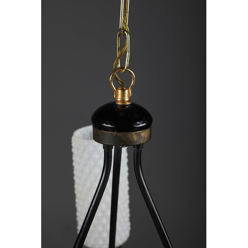 194 - 1960s ITALIAN WOOD AND BRASS PENDANT LIGHT WITH THREE OPALINE GLASS SHADES. 35cm H x 35cm W x 70cm a... 