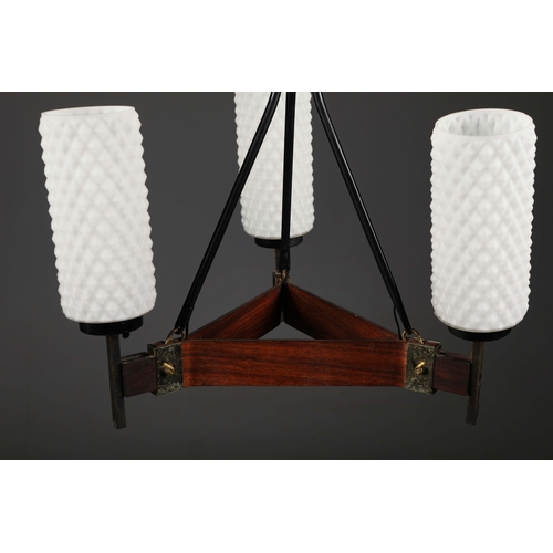 194 - 1960s ITALIAN WOOD AND BRASS PENDANT LIGHT WITH THREE OPALINE GLASS SHADES. 35cm H x 35cm W x 70cm a... 