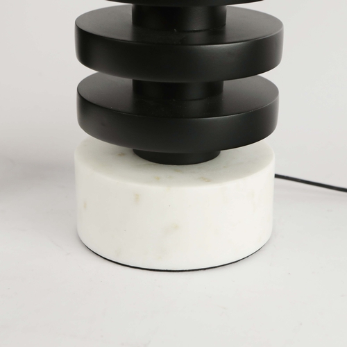 37 - ROBERT LANGFORD TABLE LAMPS, A PAIR, BLACK DISCS WITH WHITE MARBLE. with black shades, each overall ... 