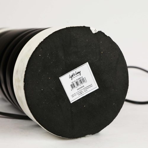 37 - ROBERT LANGFORD TABLE LAMPS, A PAIR, BLACK DISCS WITH WHITE MARBLE. with black shades, each overall ... 