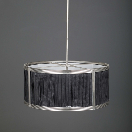 12 - CHARLES EDWARDS HANGING SILK DRUM SHADE LIGHT. 85cm t x 50 cm w approx.