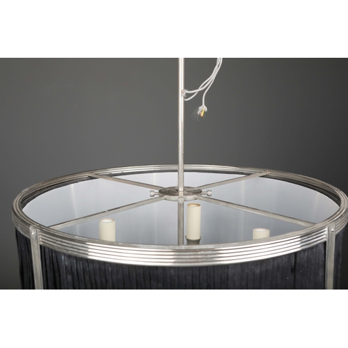 12 - CHARLES EDWARDS HANGING SILK DRUM SHADE LIGHT. 85cm t x 50 cm w approx.