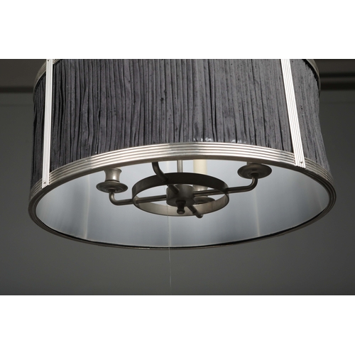 12 - CHARLES EDWARDS HANGING SILK DRUM SHADE LIGHT. 85cm t x 50 cm w approx.