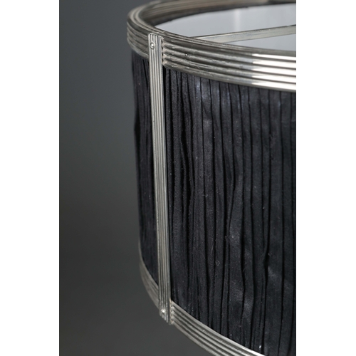 12 - CHARLES EDWARDS HANGING SILK DRUM SHADE LIGHT. 85cm t x 50 cm w approx.