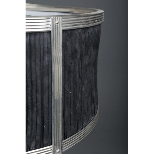 12 - CHARLES EDWARDS HANGING SILK DRUM SHADE LIGHT. 85cm t x 50 cm w approx.