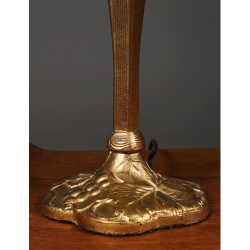 129 - TIFFANY STYLE TABLE LAMPS, A PAIR. each with hexagonal shades with a repeated symmetrical designs, r... 