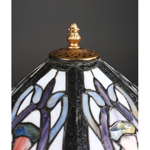 129 - TIFFANY STYLE TABLE LAMPS, A PAIR. each with hexagonal shades with a repeated symmetrical designs, r... 