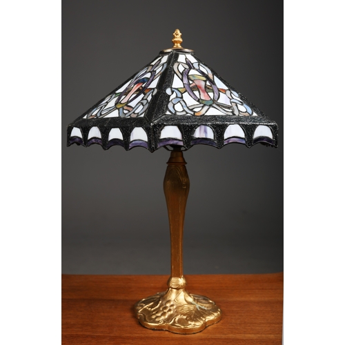 129 - TIFFANY STYLE TABLE LAMPS, A PAIR. each with hexagonal shades with a repeated symmetrical designs, r... 