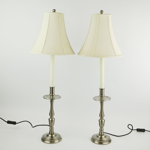 135 - CANDLE STICK FORM TABLE LAMPS, A PAIR. with shades, 75cm H approx. (2).