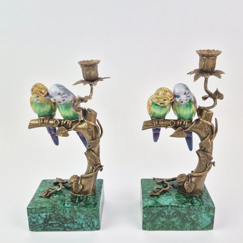 136 - CANDLESTICKS, A PAIR. in the form of birds sitting in trees, 30cm H approx.