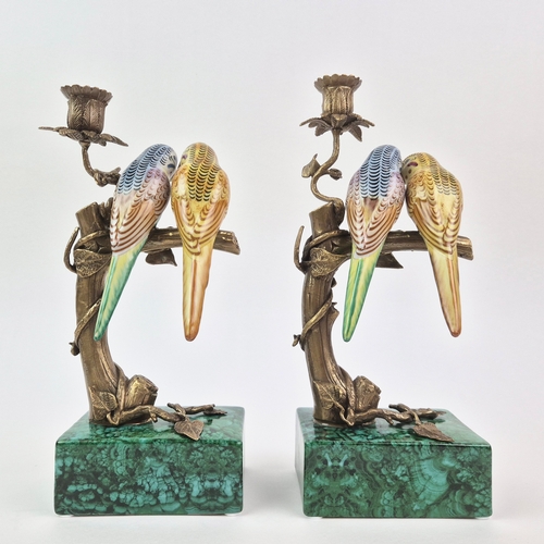 136 - CANDLESTICKS, A PAIR. in the form of birds sitting in trees, 30cm H approx.