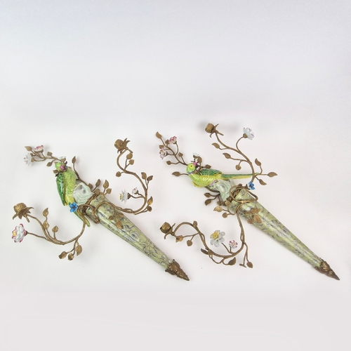 137 - PARROT WALL SCONCES, A PAIR. ceramic and gilt metal, floral detail, 65cm H approx. (2).