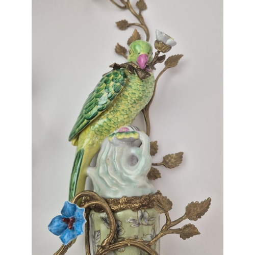 137 - PARROT WALL SCONCES, A PAIR. ceramic and gilt metal, floral detail, 65cm H approx. (2).