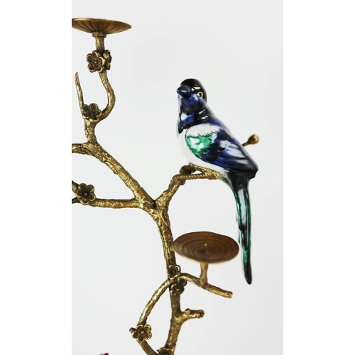 138 - CANDELABRA, A PAIR. in the form of birds amongst trees, shell form bases, ceramic and gilt metal, 65... 