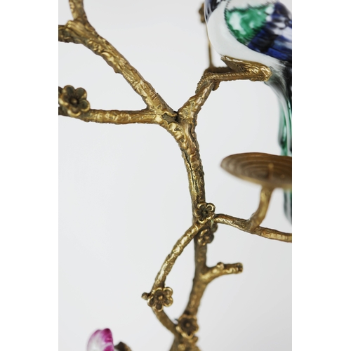 138 - CANDELABRA, A PAIR. in the form of birds amongst trees, shell form bases, ceramic and gilt metal, 65... 