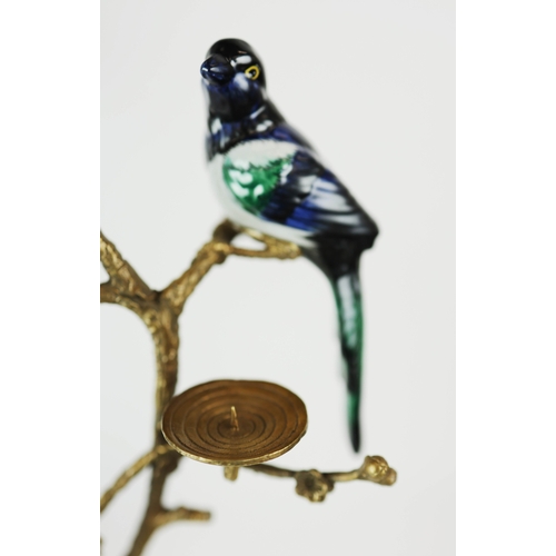 138 - CANDELABRA, A PAIR. in the form of birds amongst trees, shell form bases, ceramic and gilt metal, 65... 